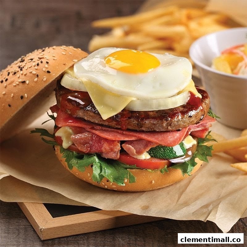 A gourmet burger topped with a fried egg, cheese, and various toppings, served with fries and a fruit salad.