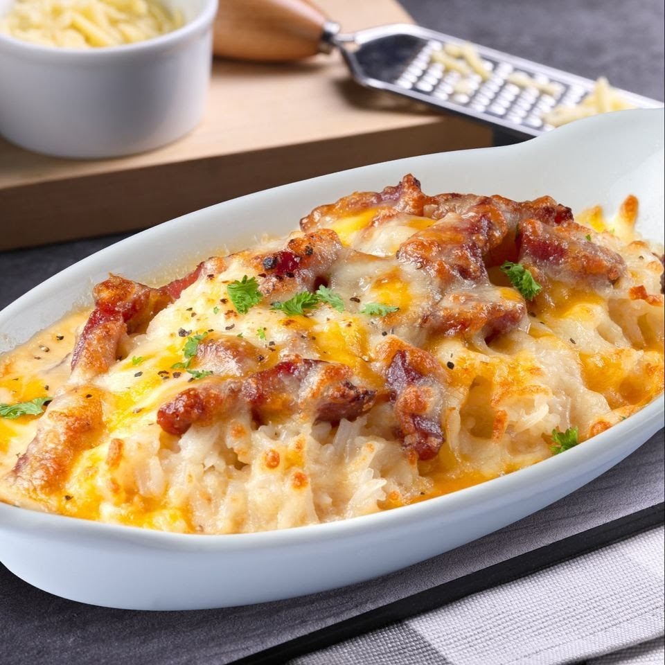 A close-up of a delicious baked dish topped with melted cheese and crispy bacon bits.