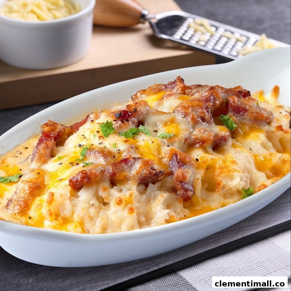 A close-up of a delicious baked dish topped with melted cheese and crispy bacon bits.