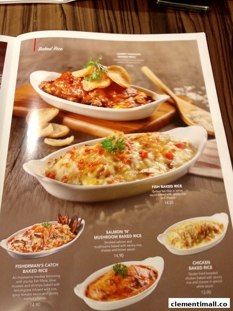 A menu page from Swensen's showcasing a variety of delicious baked rice dishes.