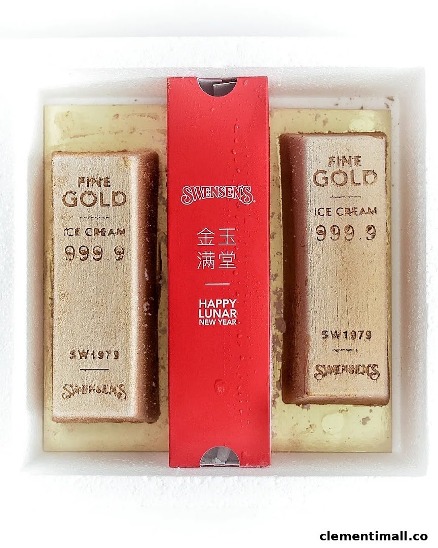 A top-down view of Swensen's 'Fine Gold' ice cream bars, presented in a festive Lunar New Year package.