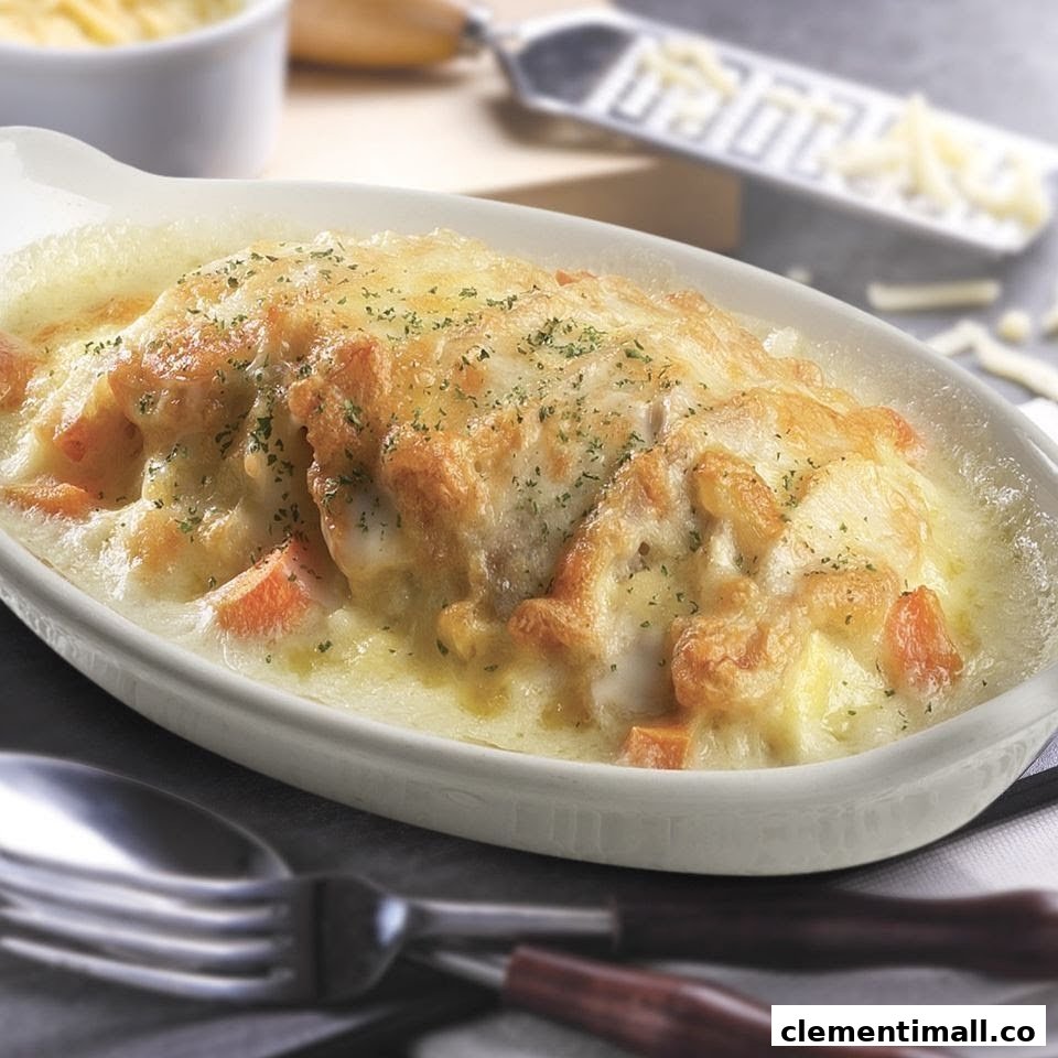 A close-up of a golden-brown baked dish with melted cheese and herbs in a white ceramic dish.