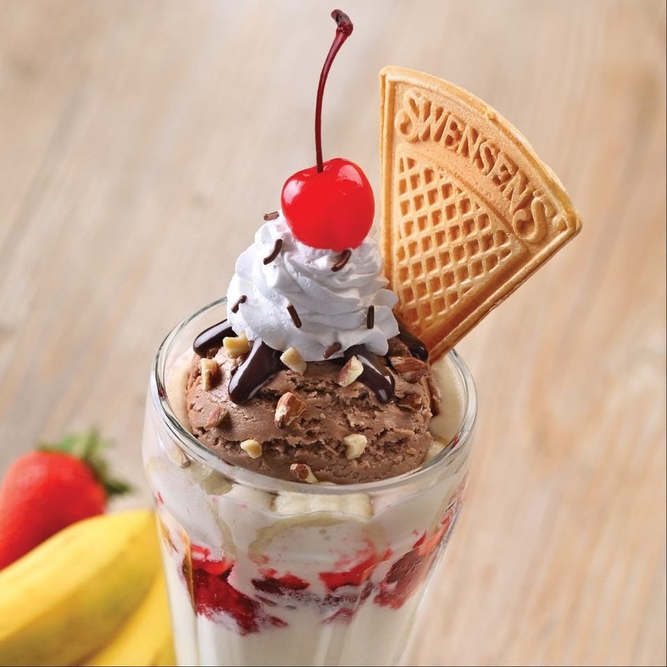 A delightful Swensen's ice cream sundae with chocolate, whipped cream, cherry, and a Swensen's waffle.