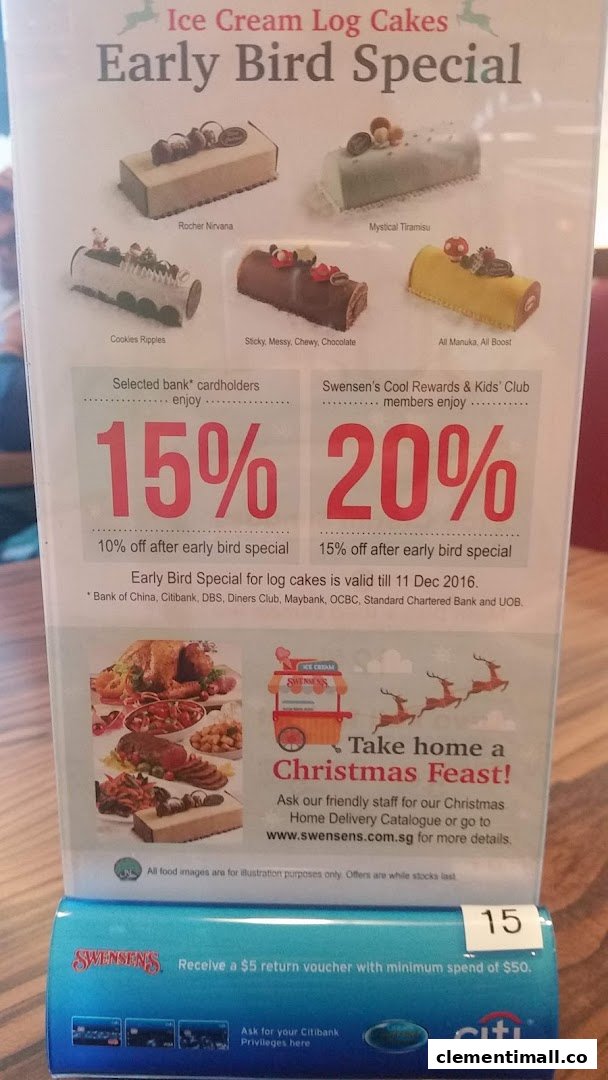 A promotional flyer from Swensen's featuring ice cream log cakes, early bird discounts, and a Christmas feast offer.