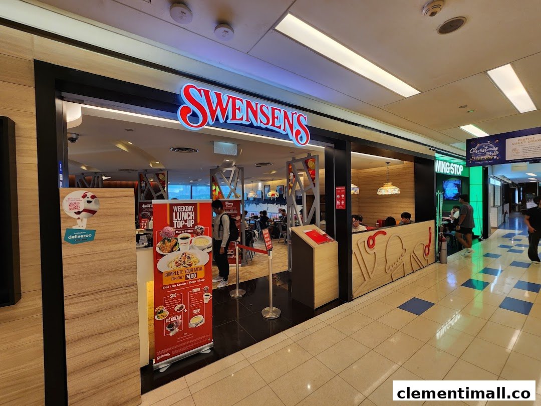 The inviting shop front of Swensen's at Clementi Mall, featuring its prominent signage and a promotional banner.