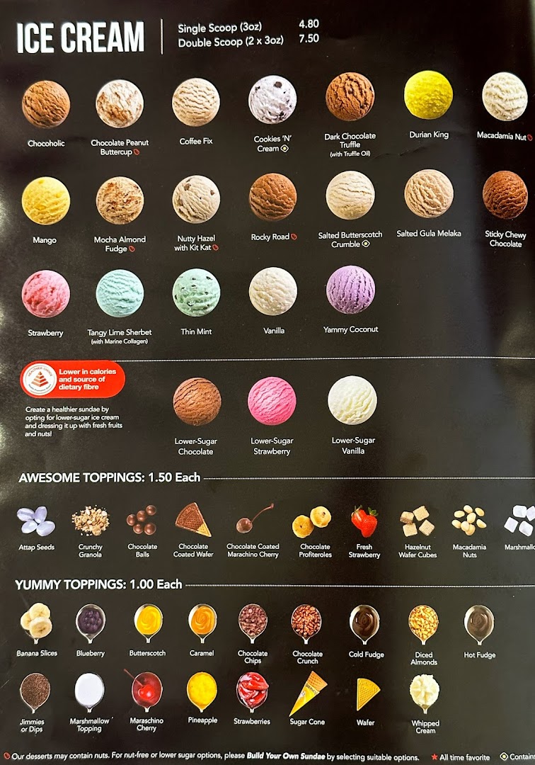 A detailed menu displaying ice cream flavors, scoop pricing, and various toppings.