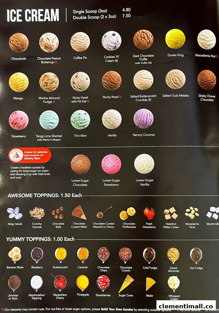 A detailed menu displaying ice cream flavors, scoop pricing, and various toppings.