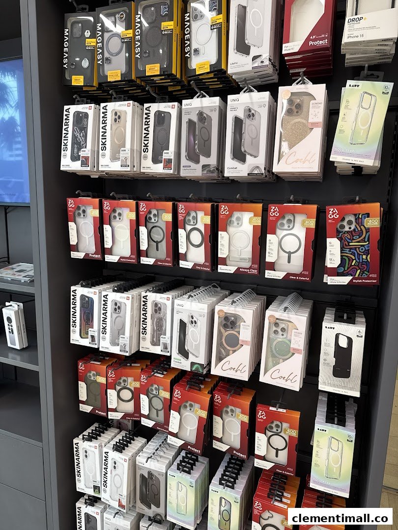 A retail display showcasing a wide variety of phone cases and mobile accessories.
