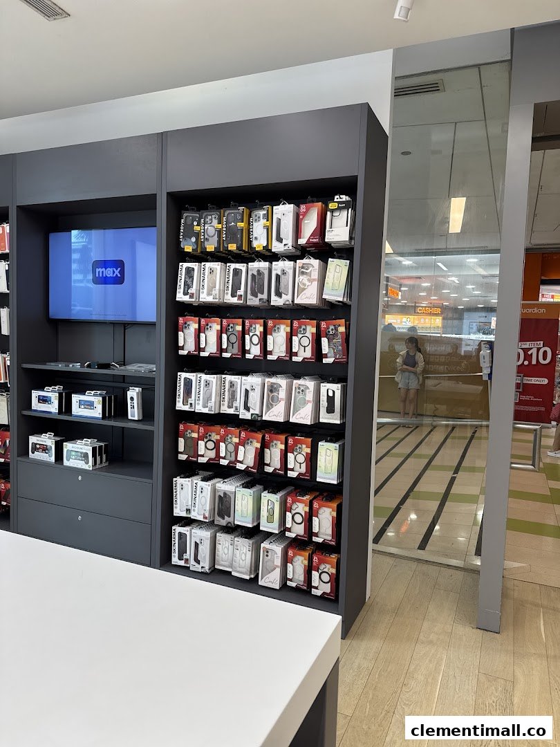 Interior view of Switch, showcasing a wide array of phone cases and tech accessories on display.