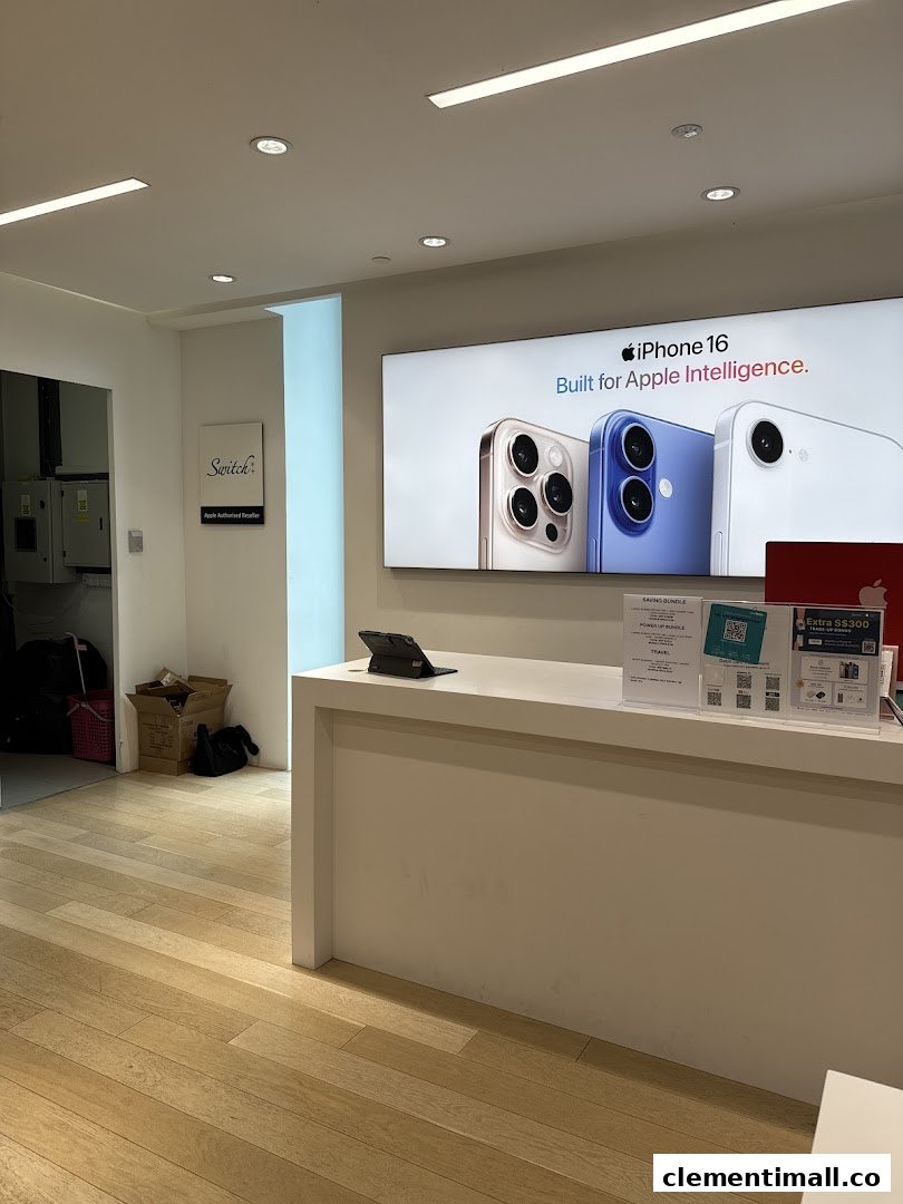 Interior view of Switch, an Apple Authorised Reseller, featuring an iPhone 16 display and service counter.
