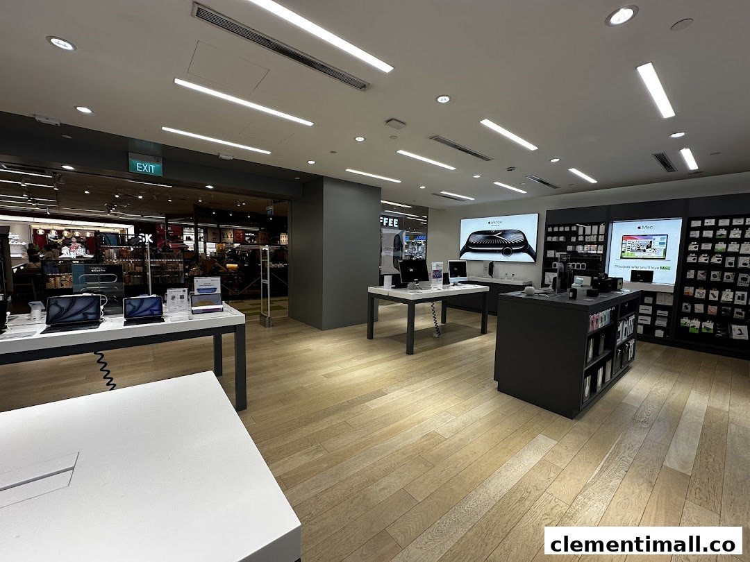 Interior of Switch Clementi Mall, showcasing Apple products like MacBooks, Apple Watch, and accessories on display.