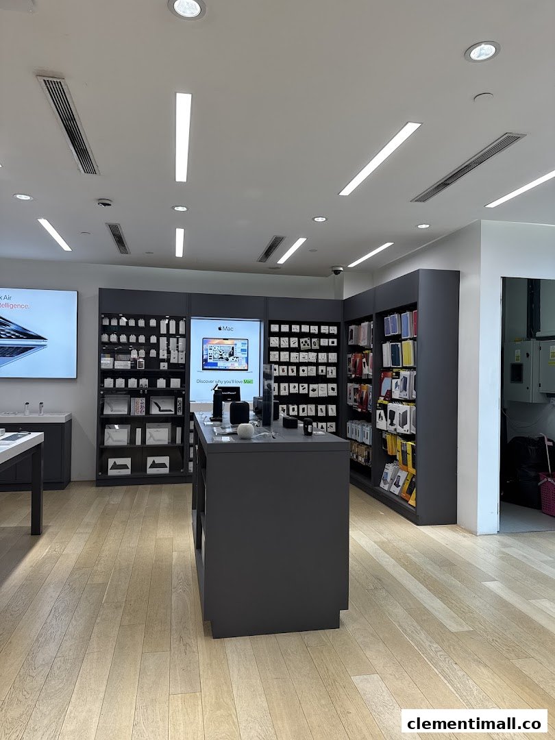 Interior view of Switch Clementi Mall, an electronics store showcasing Apple products and accessories.