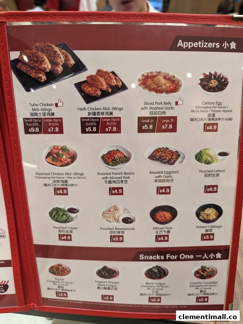 A detailed menu displaying appetizers and snacks with prices and descriptions.