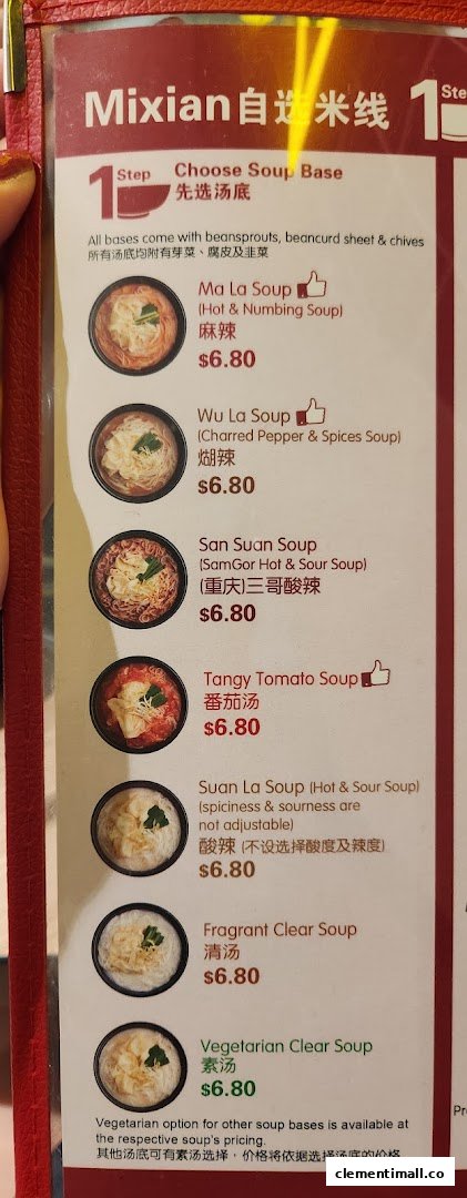 A menu page from TamJai SamGor Mixian, detailing various soup bases for Mixian noodles.