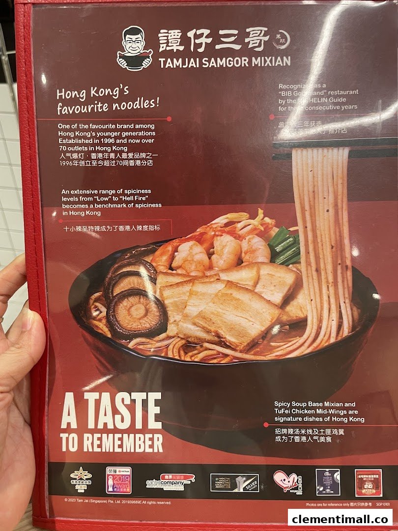 A menu page showcasing TamJai SamGor Mixian's signature noodles and brand highlights.