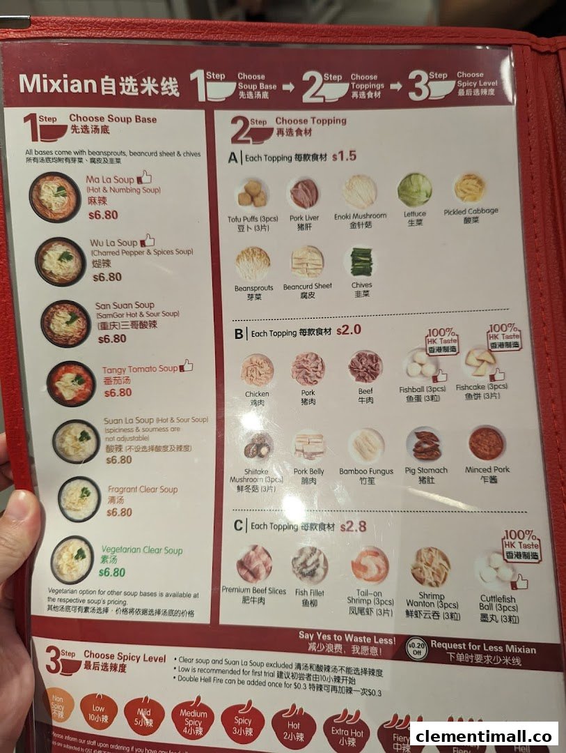 A detailed menu from TamJai SamGor Mixian, showcasing customizable mixian options.