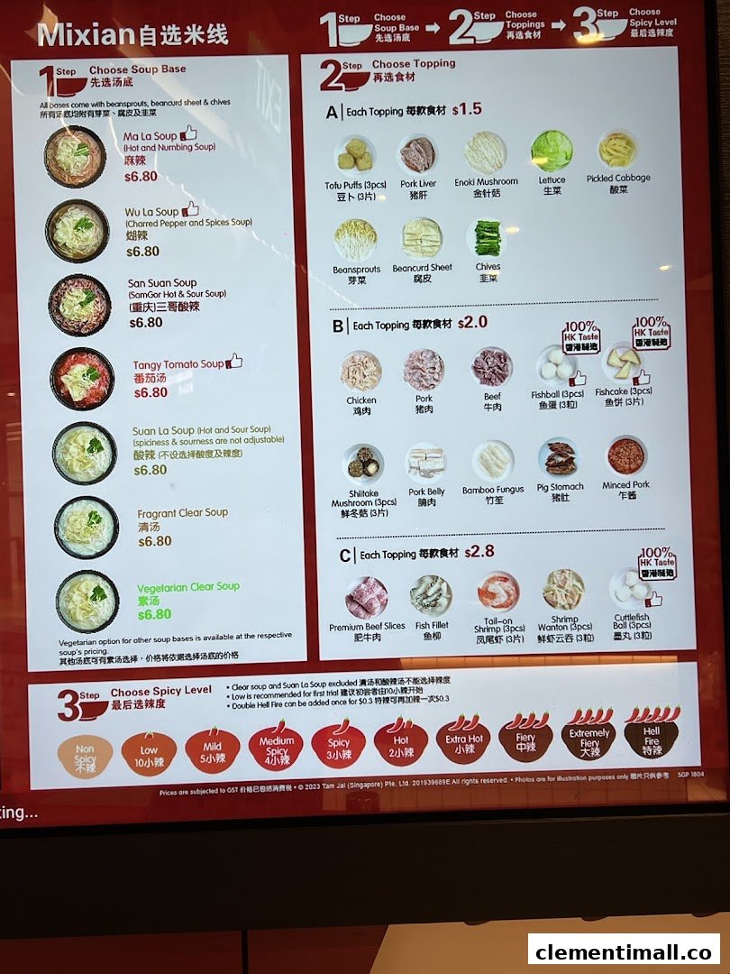 A detailed menu board displaying soup bases, toppings, and spice levels for Mixian noodles.