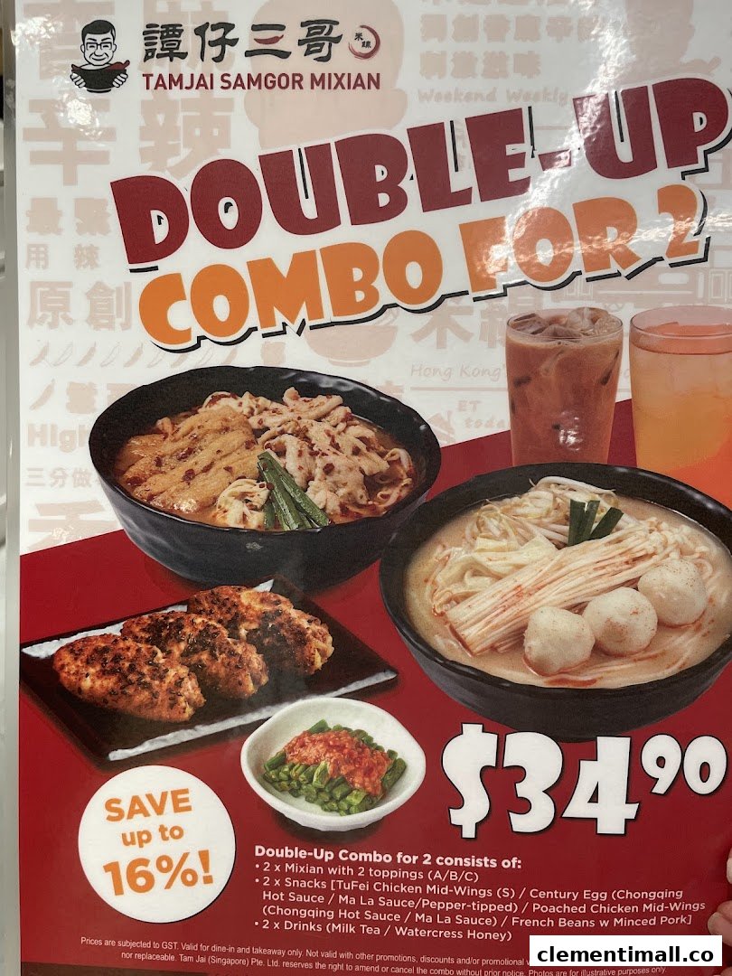 A promotional poster showcasing TamJai SamGor Mixian's 'Double-Up Combo' meal deal.