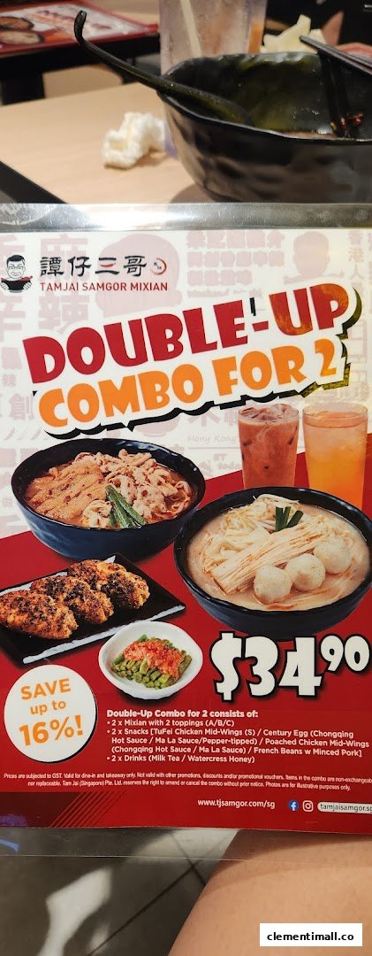 A promotional menu for TamJai SamGor Mixian's Double-Up Combo for 2.