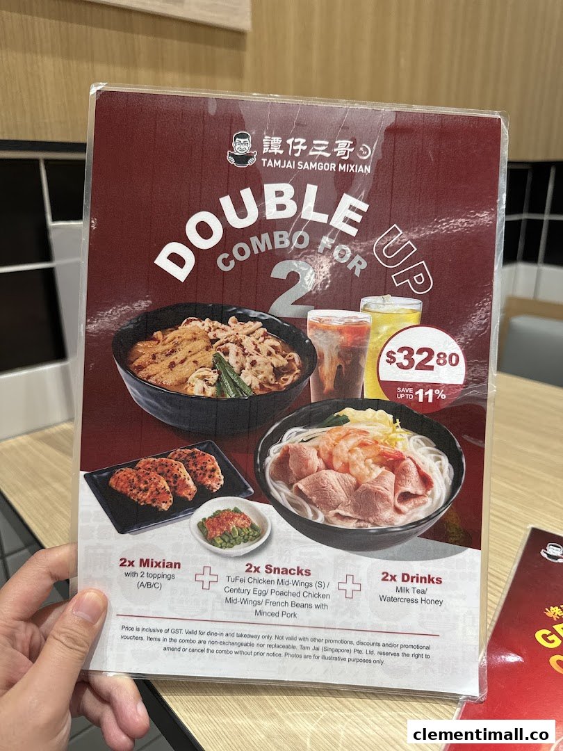 A menu displaying the 'Double Up Combo for 2' with Mixian, snacks, and drinks at TamJai SamGor Mixian.