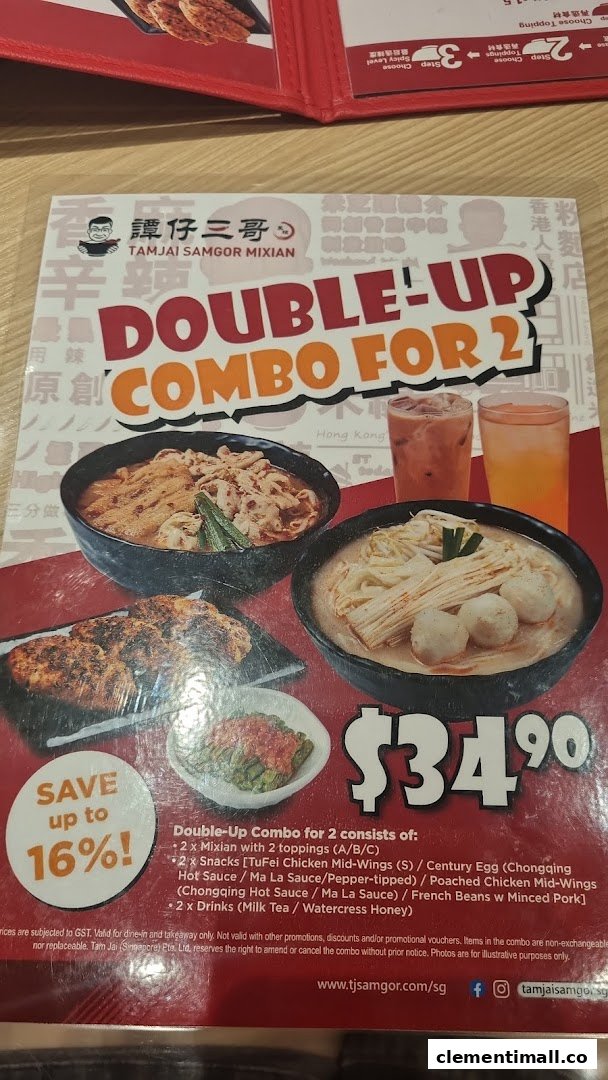 A menu page showcasing TamJai SamGor Mixian's 'Double-Up Combo for 2' with food images and pricing.