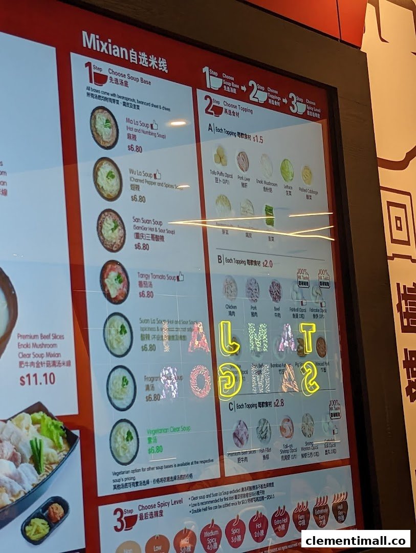 A digital menu board displaying various mixian soup bases, toppings, and spice levels.