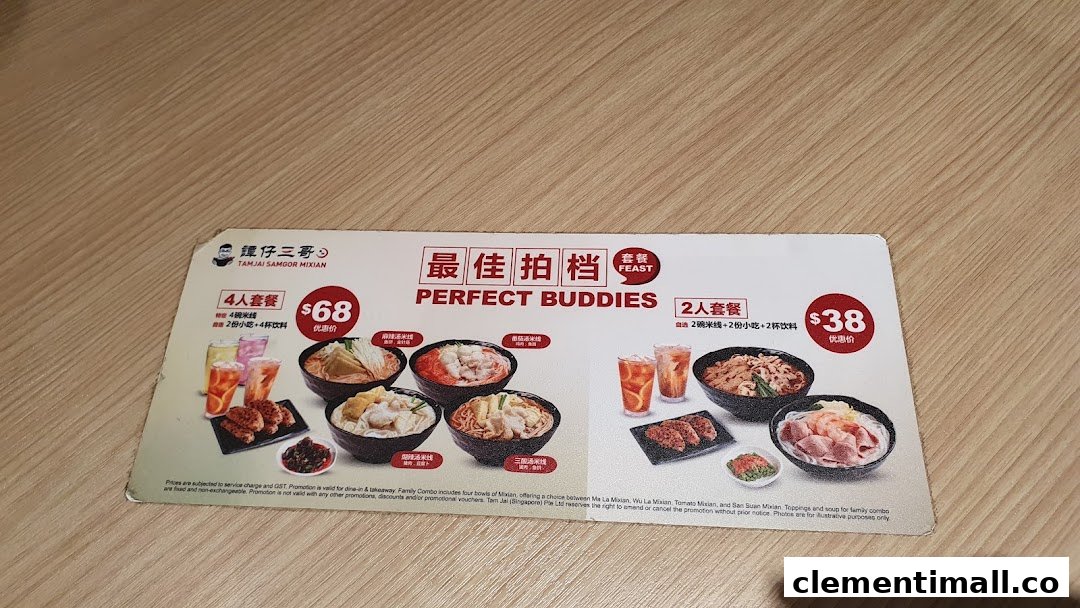 A promotional flyer for TamJai SamGor Mixian featuring 'Perfect Buddies' family combo deals.