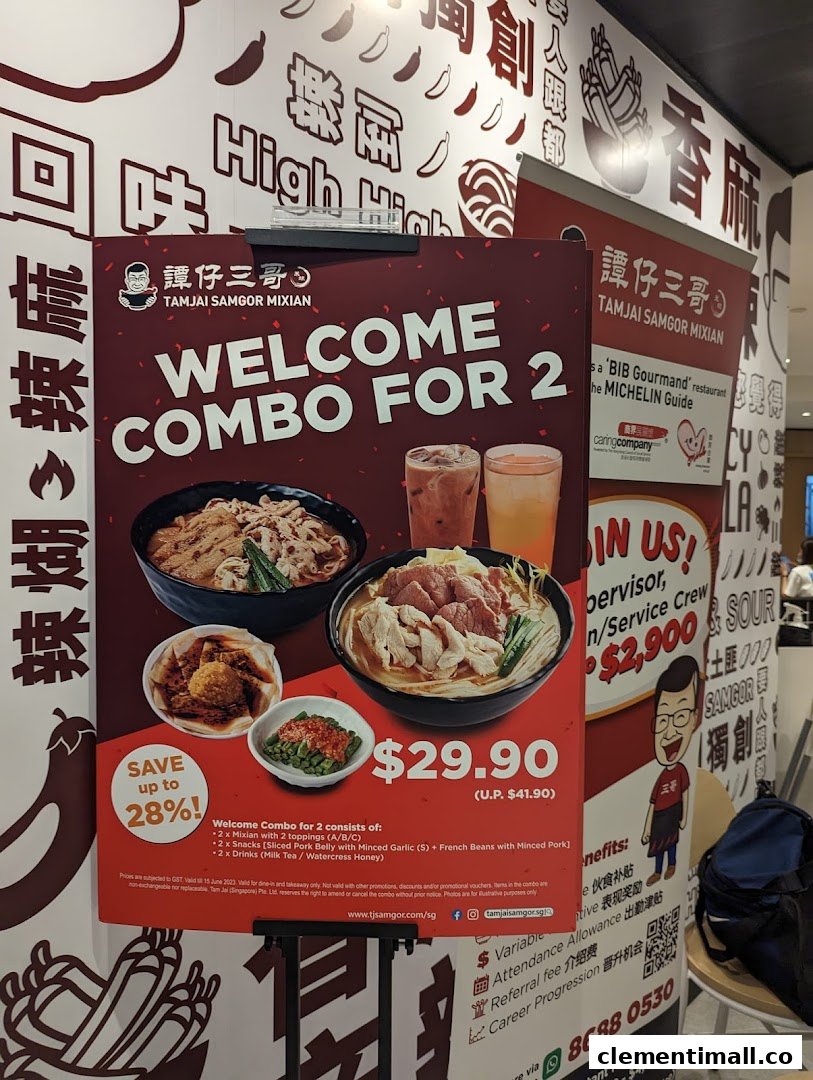 A promotional poster for TamJai SamGor Mixian's 'Welcome Combo for 2' featuring food and drink items.