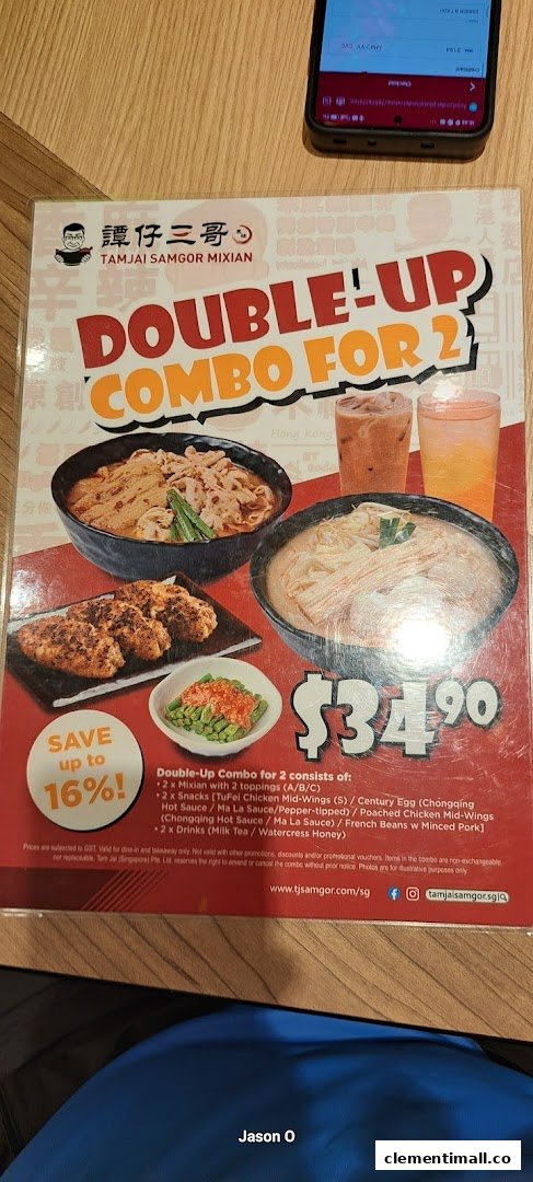 A menu displaying TamJai SamGor Mixian's Double-Up Combo for 2, featuring mixian, snacks, and drinks.