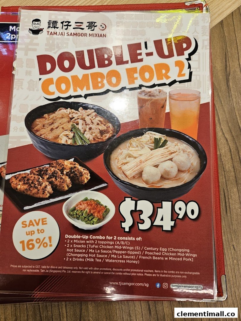 A menu displaying the 'Double-Up Combo for 2' with mixian, snacks, and drinks.