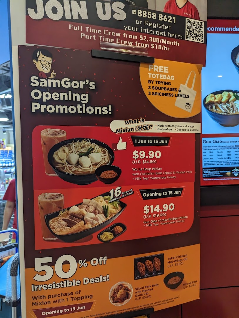 Promotional board displaying special offers and menu items for SamGor's Mixian.