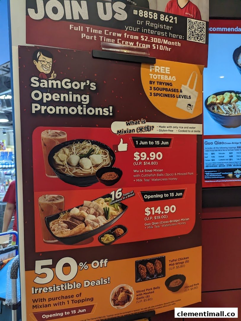 Promotional board displaying special offers and menu items for SamGor's Mixian.