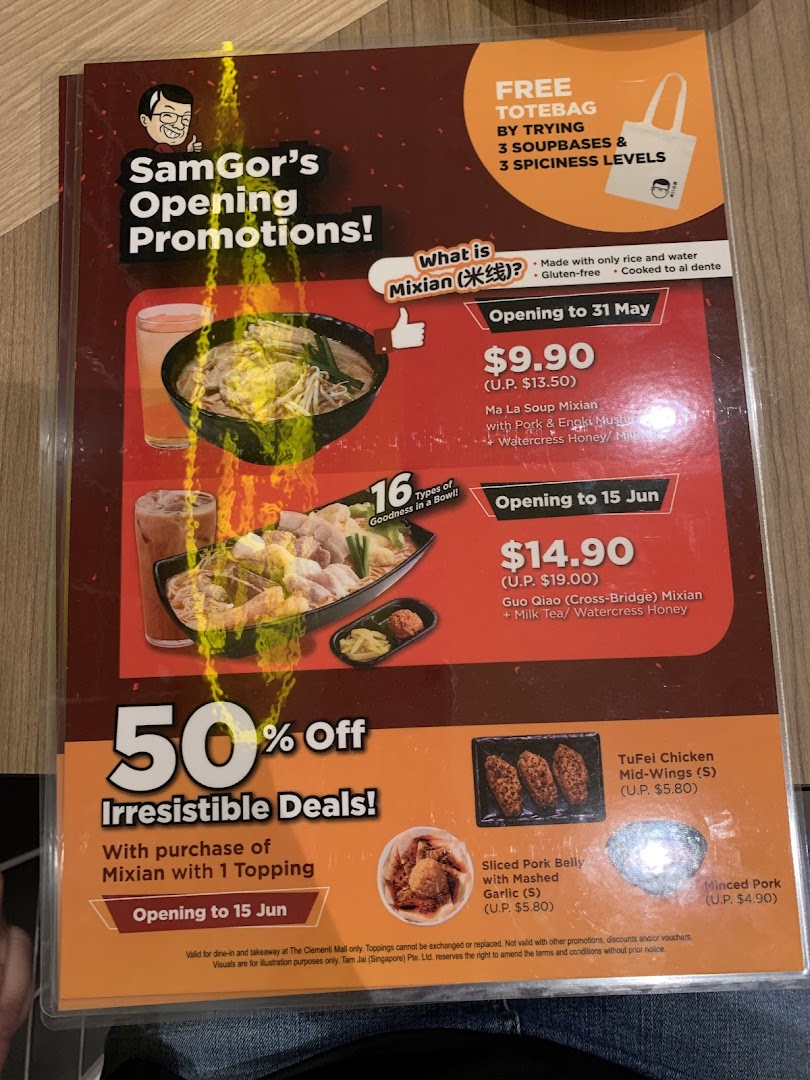 A promotional menu displaying opening deals and special offers for TamJai SamGor Mixian.