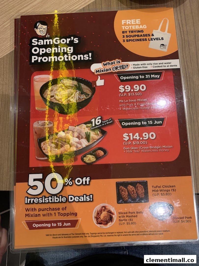 A promotional menu displaying opening deals and special offers for TamJai SamGor Mixian.