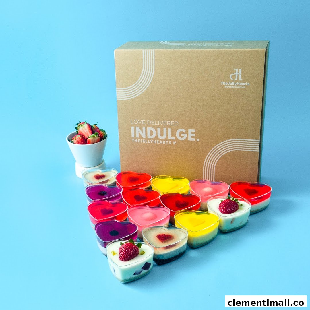 Vibrant heart-shaped jelly desserts and a branded 'The JellyHearts' box on a blue background.