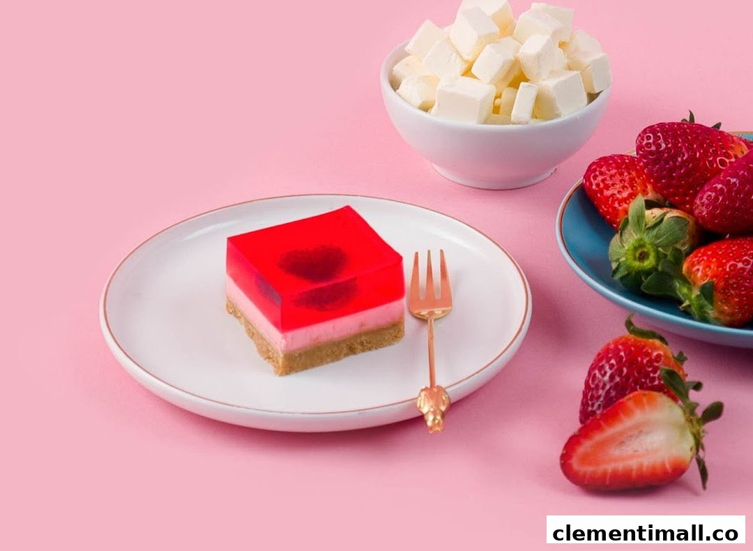 A vibrant red jelly dessert with a heart design, served with fresh strawberries and cream cheese cubes.