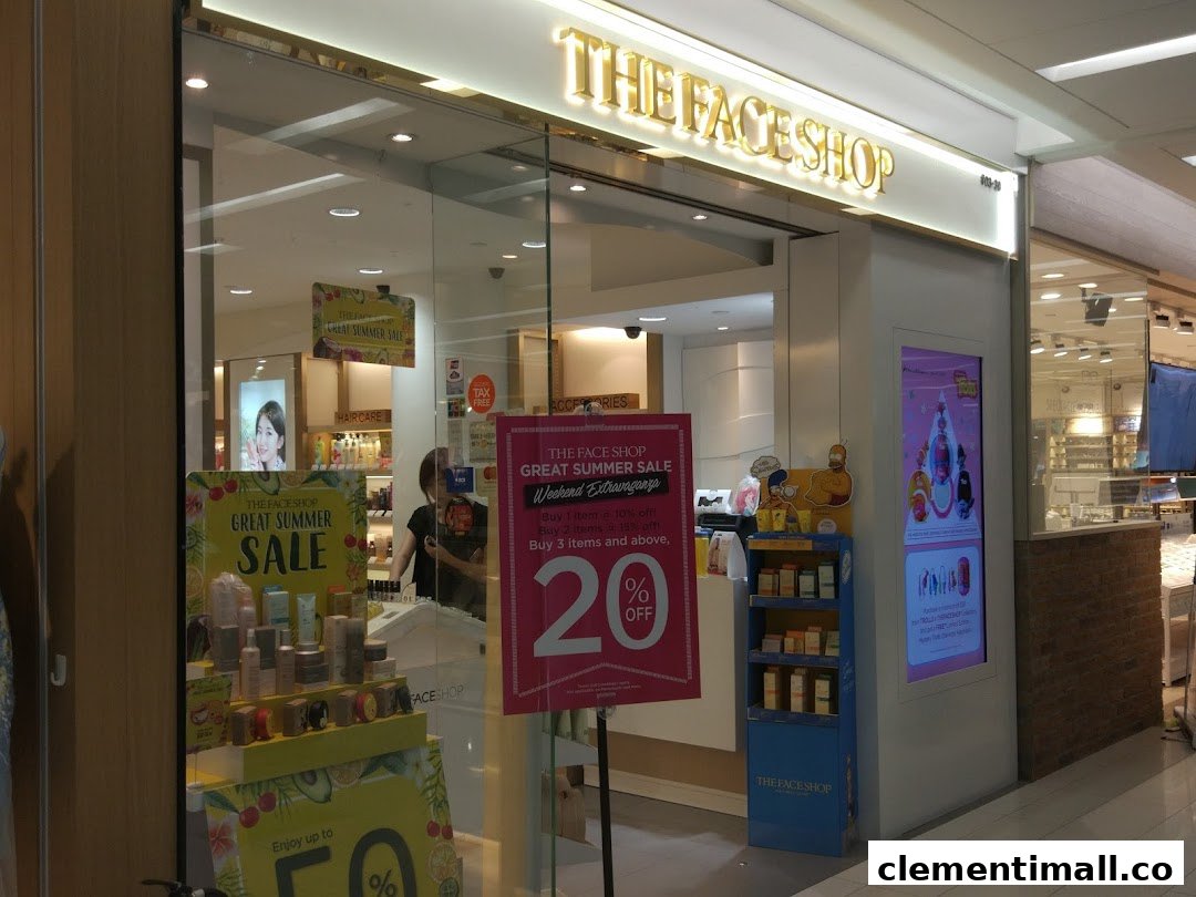 The storefront of THEFACESHOP, featuring a 'Great Summer Sale' display and promotional offers.
