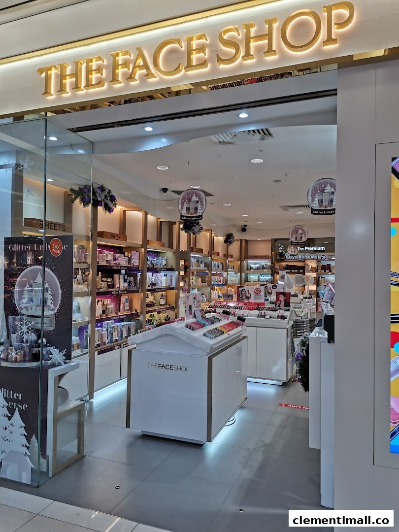 The brightly lit entrance of THEFACESHOP, showcasing beauty and skincare products.