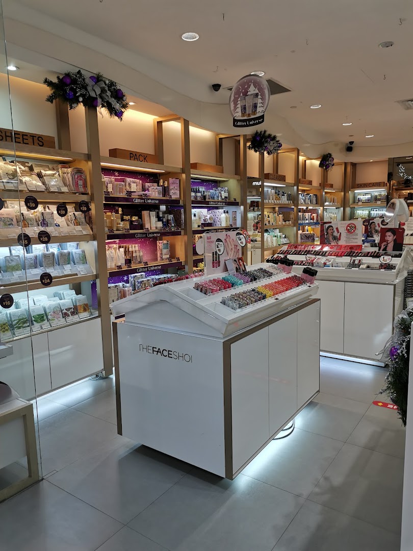 Interior view of THEFACESHOP, showcasing a wide array of skincare and beauty products on well-lit displays.