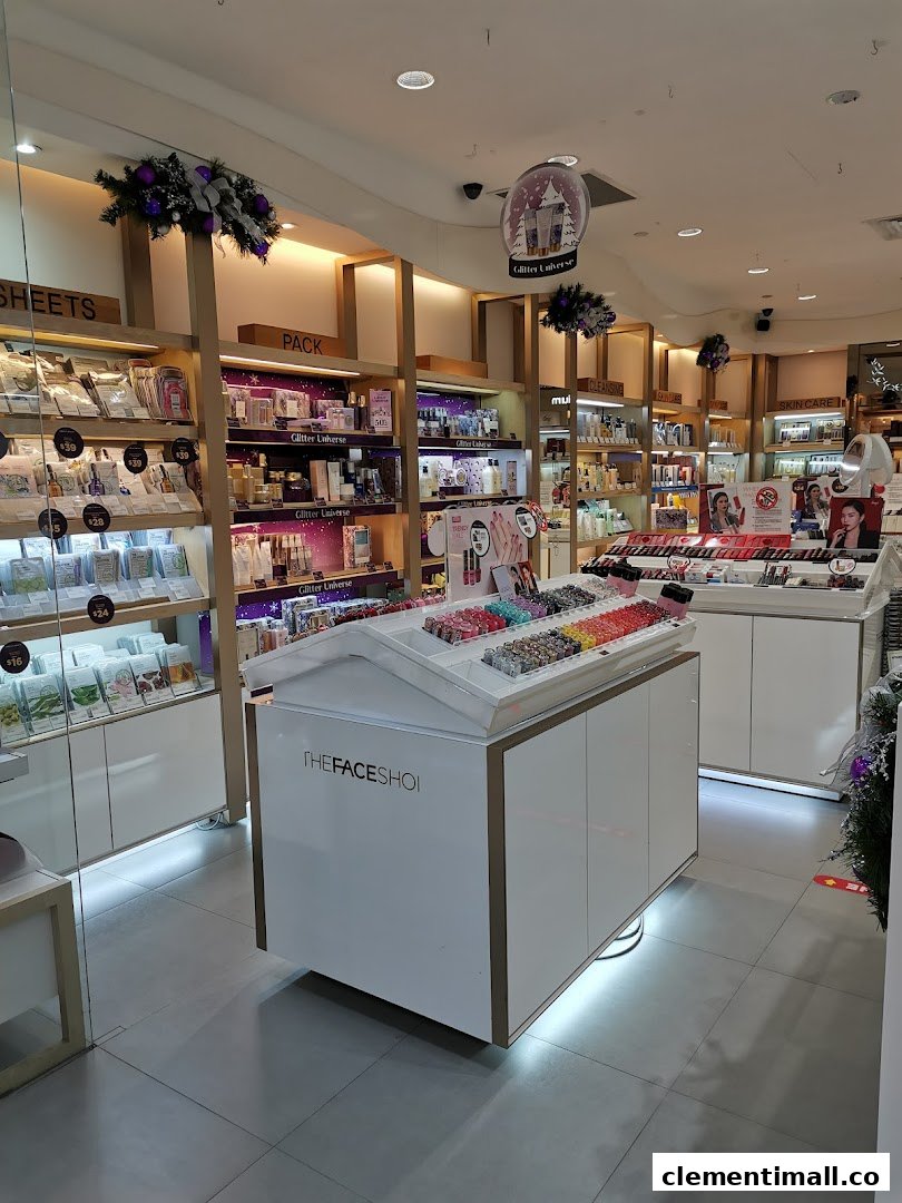 Interior view of THEFACESHOP, showcasing a wide array of skincare and beauty products on well-lit displays.