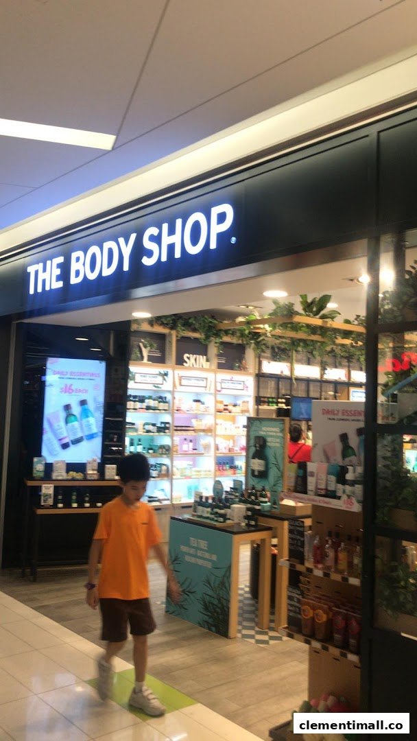 The storefront of The Body Shop, showcasing its natural beauty products and inviting entrance.