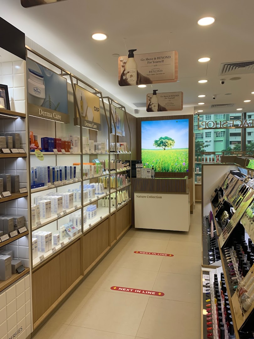 Interior view of THEFACESHOP, showcasing skincare products, display shelves, and a natural aesthetic.