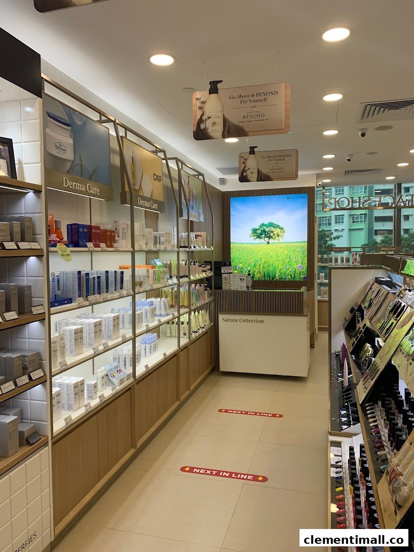 Interior view of THEFACESHOP, showcasing skincare products, display shelves, and a natural aesthetic.