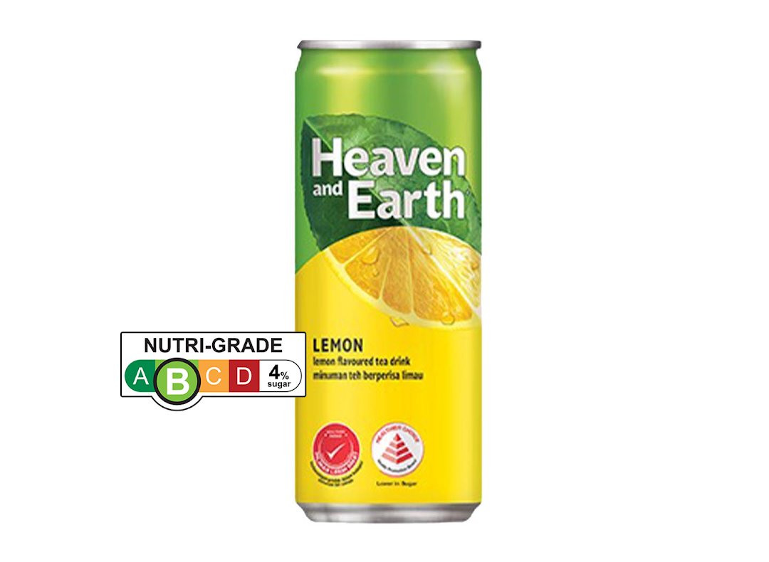 A can of Heaven and Earth lemon flavoured tea drink with Nutri-Grade B label.