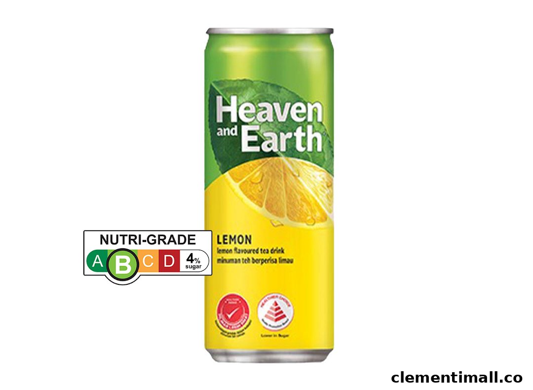 A can of Heaven and Earth lemon flavoured tea drink with Nutri-Grade B label.