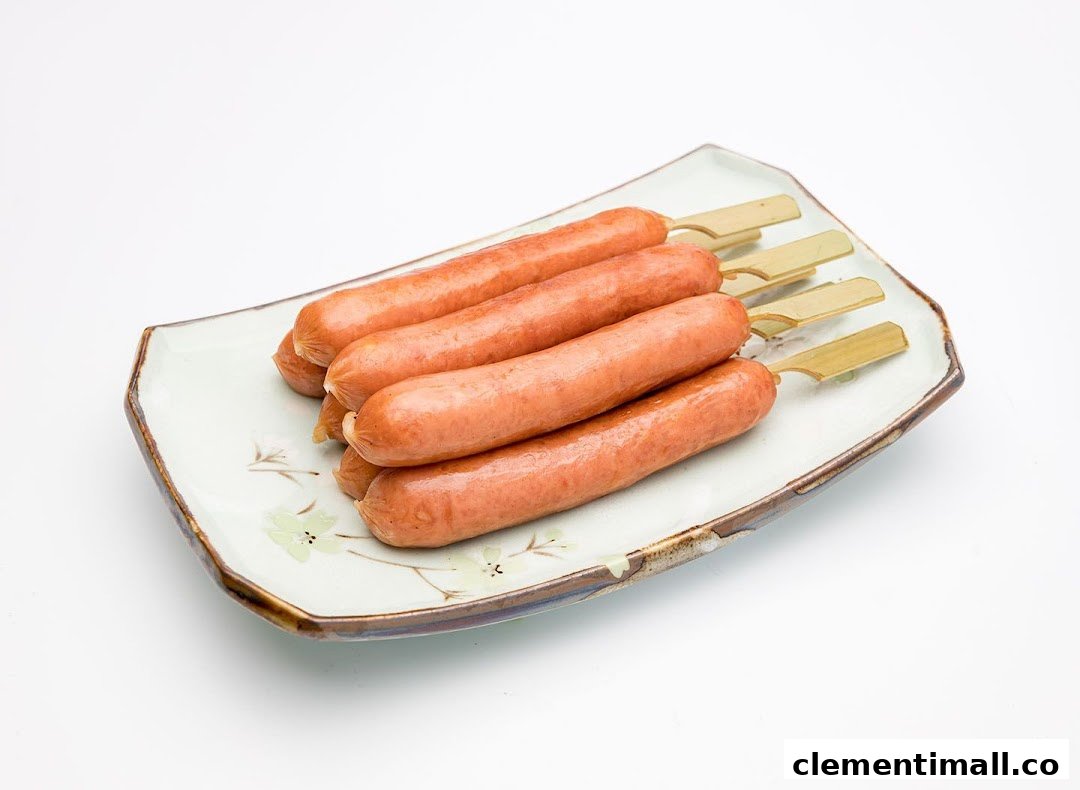 A plate of several cooked sausages on skewers, presented on a decorative dish.