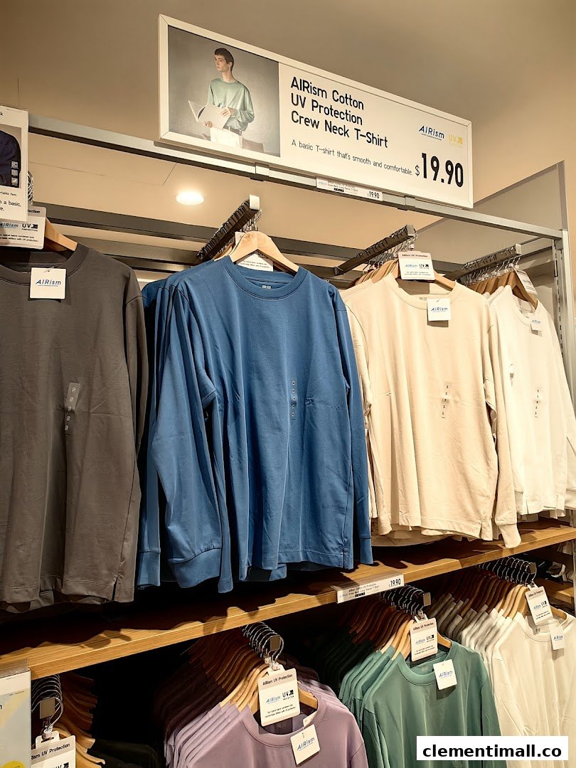 UNIQLO's AIRism Cotton UV Protection Crew Neck T-Shirts displayed with pricing and product information.
