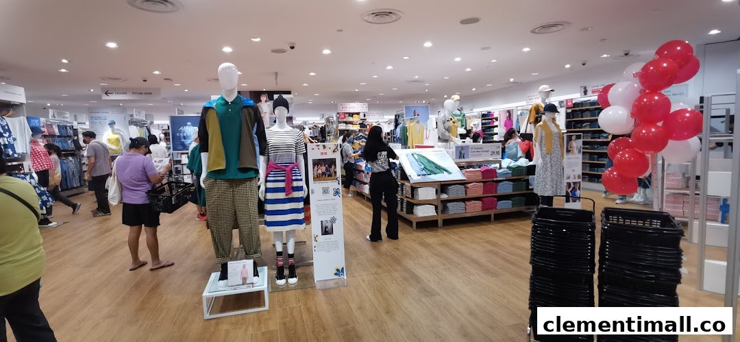 An interior view of a UNIQLO store with customers browsing clothing displays and mannequins.