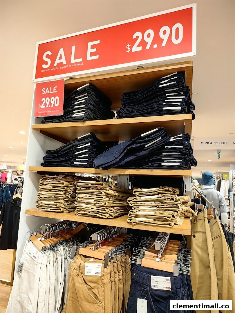 A UNIQLO store display featuring various pants on sale for $29.90.
