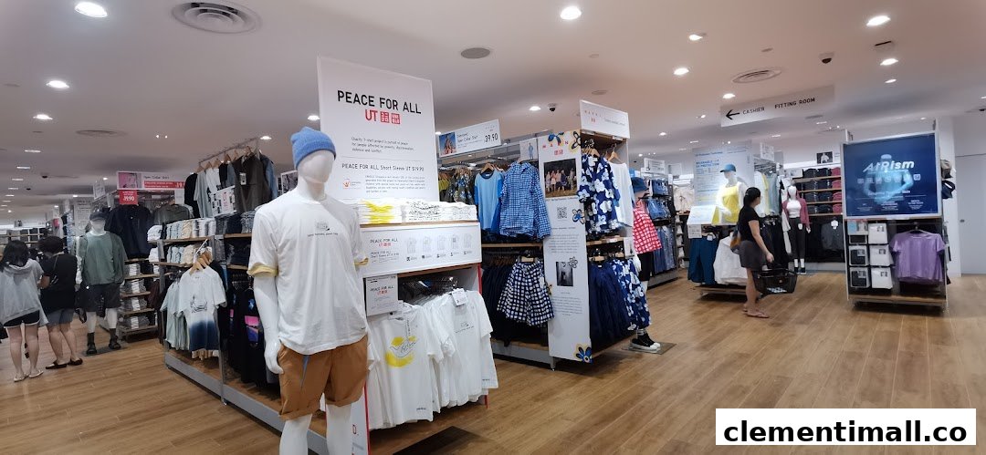 Interior view of a UNIQLO store showcasing various clothing collections, mannequins, and customers.